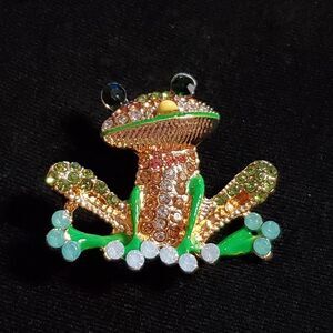 Goldtone Crystal and Enamel Frog Brooch